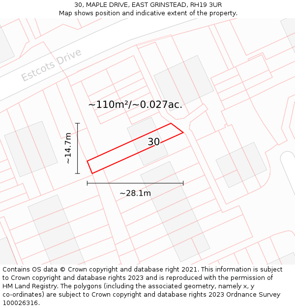 30, MAPLE DRIVE, EAST GRINSTEAD, RH19 3UR: Plot and title map