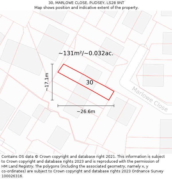 30, MARLOWE CLOSE, PUDSEY, LS28 9NT: Plot and title map