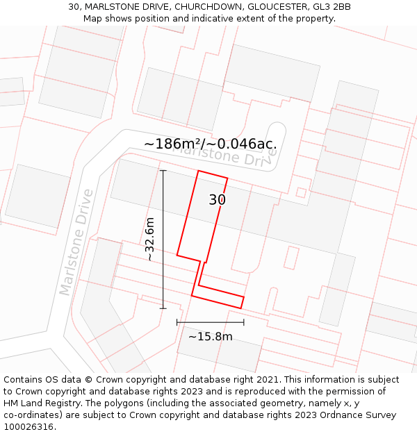 30, MARLSTONE DRIVE, CHURCHDOWN, GLOUCESTER, GL3 2BB: Plot and title map