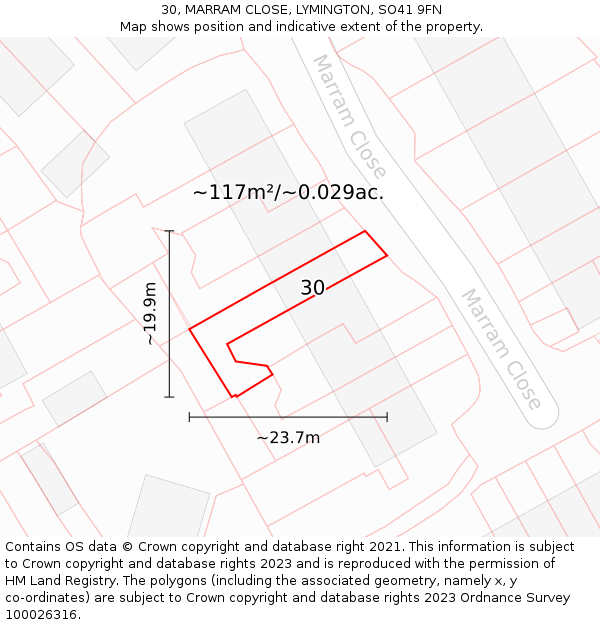 30, MARRAM CLOSE, LYMINGTON, SO41 9FN: Plot and title map