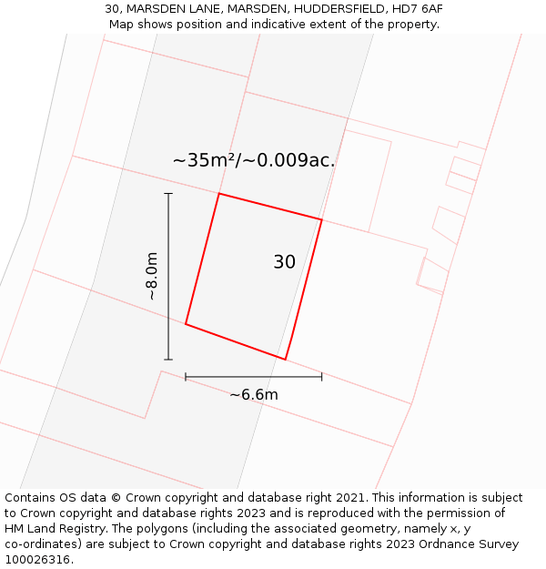 30, MARSDEN LANE, MARSDEN, HUDDERSFIELD, HD7 6AF: Plot and title map