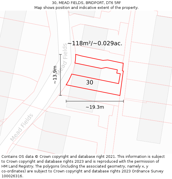 30, MEAD FIELDS, BRIDPORT, DT6 5RF: Plot and title map