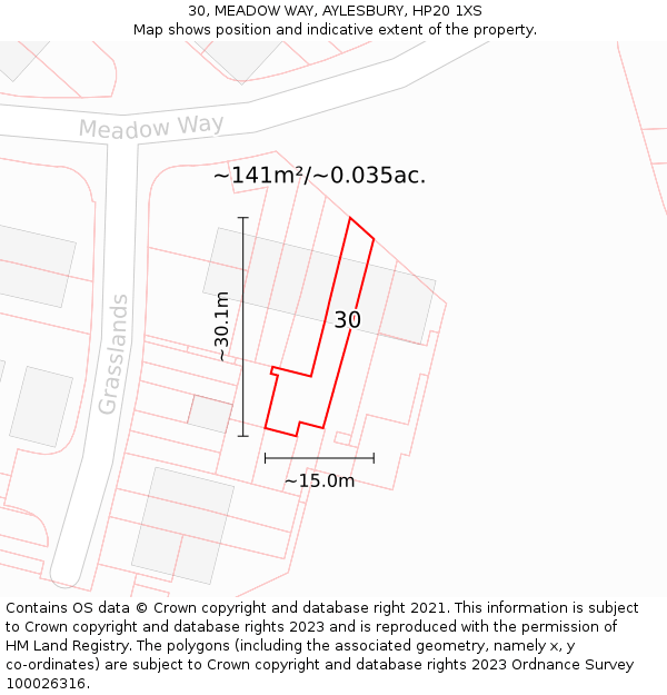 30, MEADOW WAY, AYLESBURY, HP20 1XS: Plot and title map