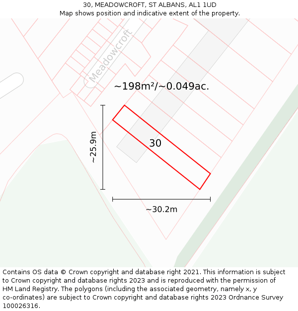 30, MEADOWCROFT, ST ALBANS, AL1 1UD: Plot and title map