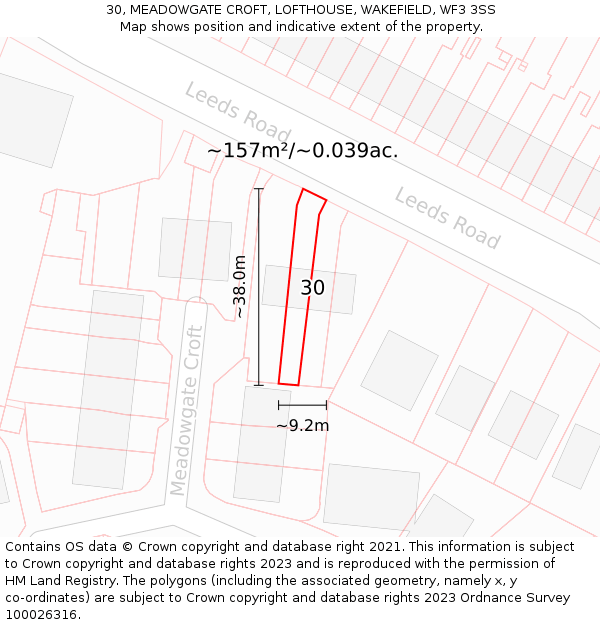 30, MEADOWGATE CROFT, LOFTHOUSE, WAKEFIELD, WF3 3SS: Plot and title map