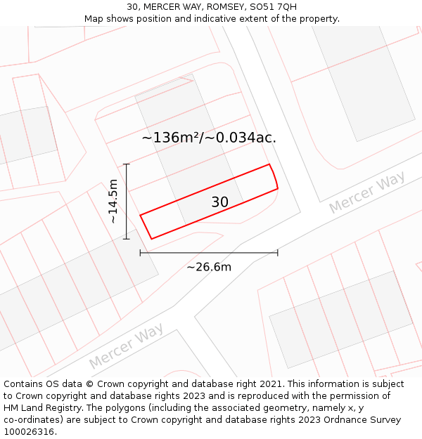 30, MERCER WAY, ROMSEY, SO51 7QH: Plot and title map