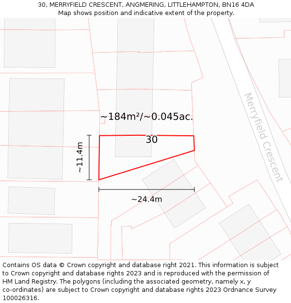 30, MERRYFIELD CRESCENT, ANGMERING, LITTLEHAMPTON, BN16 4DA: Plot and title map