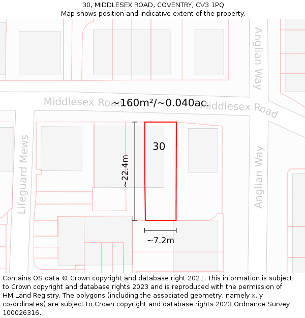 30, MIDDLESEX ROAD, COVENTRY, CV3 1PQ: Plot and title map