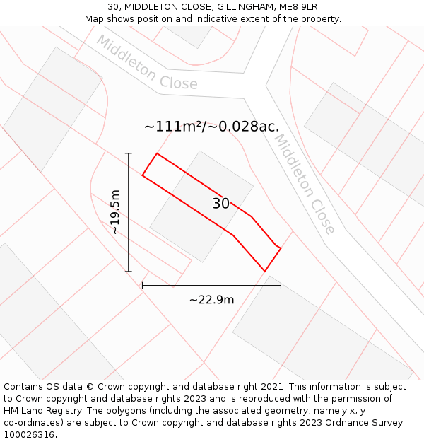 30, MIDDLETON CLOSE, GILLINGHAM, ME8 9LR: Plot and title map