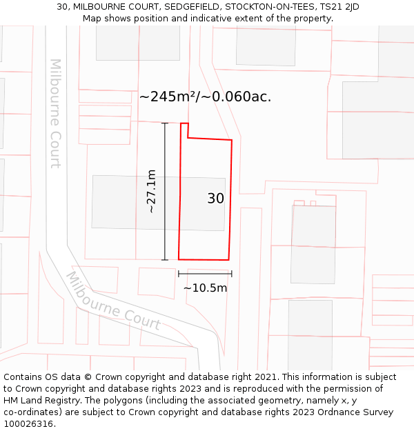 30, MILBOURNE COURT, SEDGEFIELD, STOCKTON-ON-TEES, TS21 2JD: Plot and title map