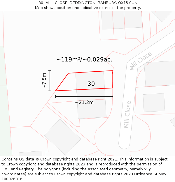 30, MILL CLOSE, DEDDINGTON, BANBURY, OX15 0UN: Plot and title map