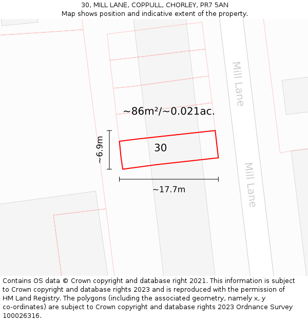 30, MILL LANE, COPPULL, CHORLEY, PR7 5AN: Plot and title map