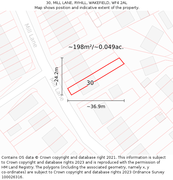 30, MILL LANE, RYHILL, WAKEFIELD, WF4 2AL: Plot and title map
