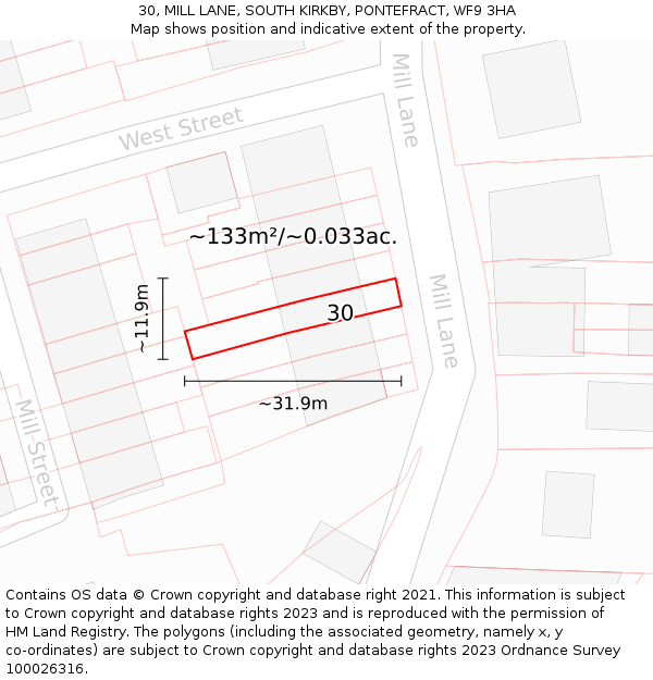 30, MILL LANE, SOUTH KIRKBY, PONTEFRACT, WF9 3HA: Plot and title map