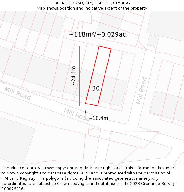 30, MILL ROAD, ELY, CARDIFF, CF5 4AG: Plot and title map