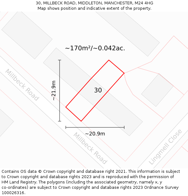 30, MILLBECK ROAD, MIDDLETON, MANCHESTER, M24 4HG: Plot and title map