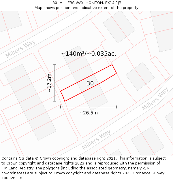 30, MILLERS WAY, HONITON, EX14 1JB: Plot and title map
