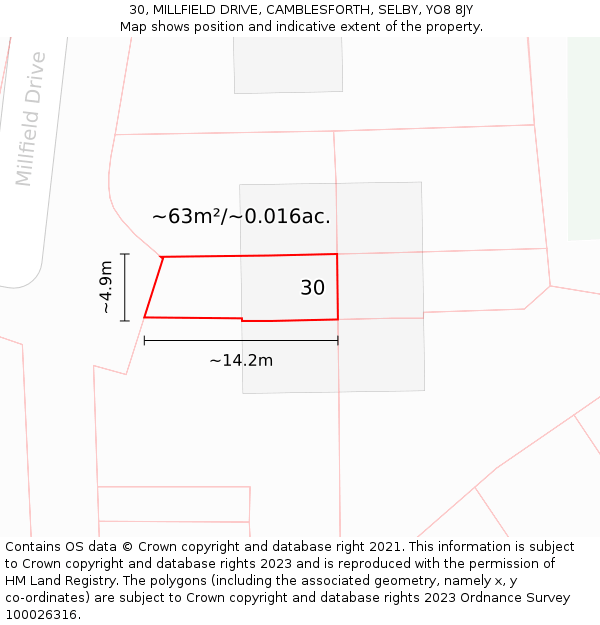 30, MILLFIELD DRIVE, CAMBLESFORTH, SELBY, YO8 8JY: Plot and title map