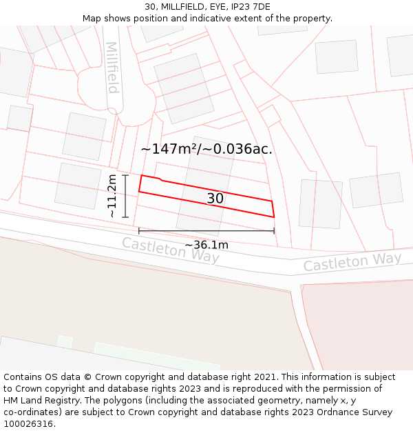 30, MILLFIELD, EYE, IP23 7DE: Plot and title map