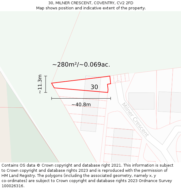 30, MILNER CRESCENT, COVENTRY, CV2 2FD: Plot and title map