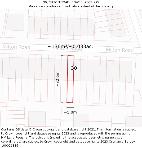 30, MILTON ROAD, COWES, PO31 7PX: Plot and title map