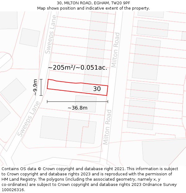 30, MILTON ROAD, EGHAM, TW20 9PF: Plot and title map