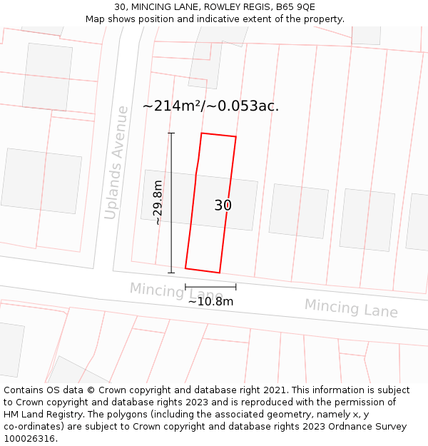 30, MINCING LANE, ROWLEY REGIS, B65 9QE: Plot and title map