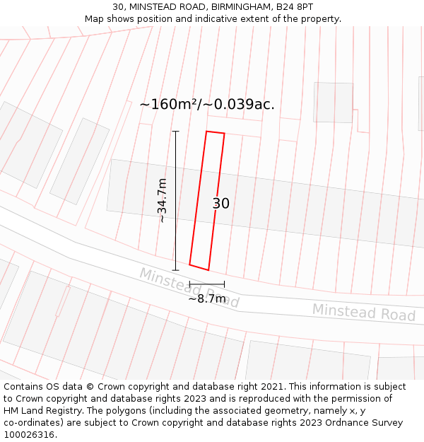 30, MINSTEAD ROAD, BIRMINGHAM, B24 8PT: Plot and title map