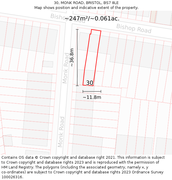 30, MONK ROAD, BRISTOL, BS7 8LE: Plot and title map