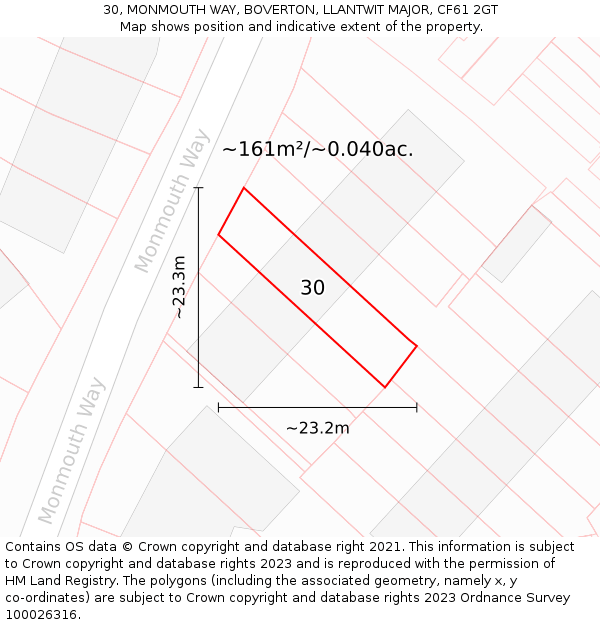 30, MONMOUTH WAY, BOVERTON, LLANTWIT MAJOR, CF61 2GT: Plot and title map
