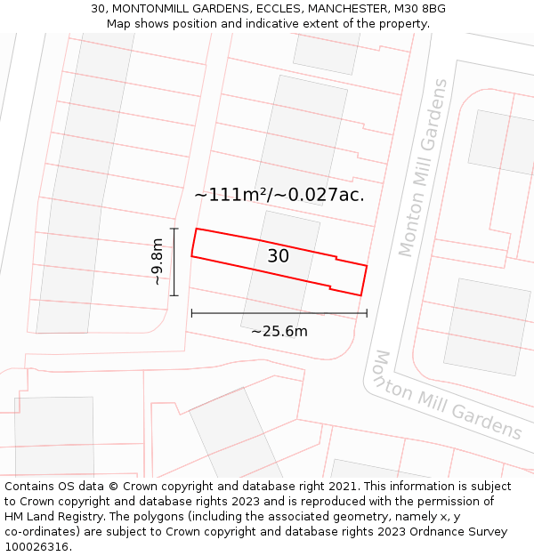 30, MONTONMILL GARDENS, ECCLES, MANCHESTER, M30 8BG: Plot and title map
