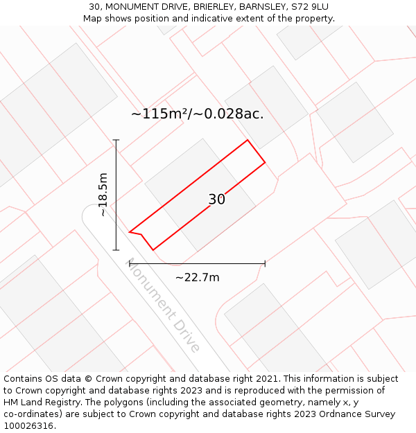 30, MONUMENT DRIVE, BRIERLEY, BARNSLEY, S72 9LU: Plot and title map
