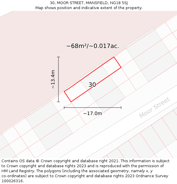 30, MOOR STREET, MANSFIELD, NG18 5SJ: Plot and title map