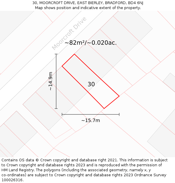 30, MOORCROFT DRIVE, EAST BIERLEY, BRADFORD, BD4 6NJ: Plot and title map