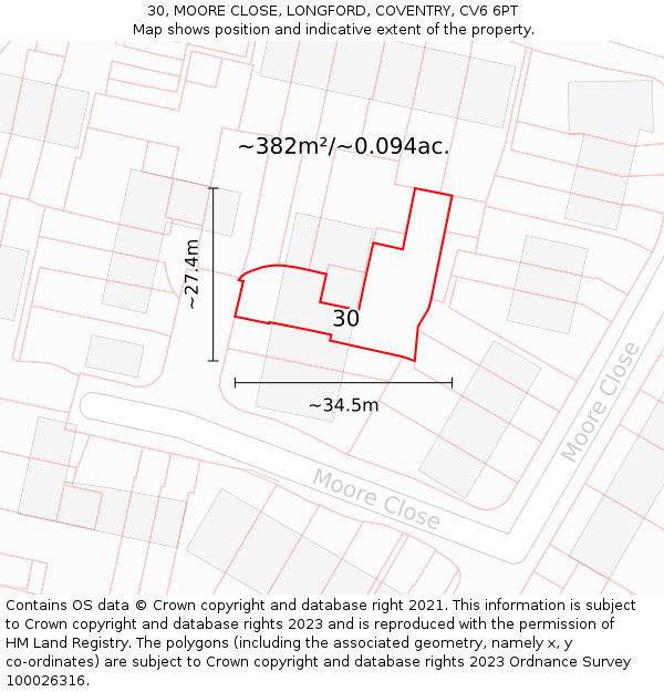 30, MOORE CLOSE, LONGFORD, COVENTRY, CV6 6PT: Plot and title map