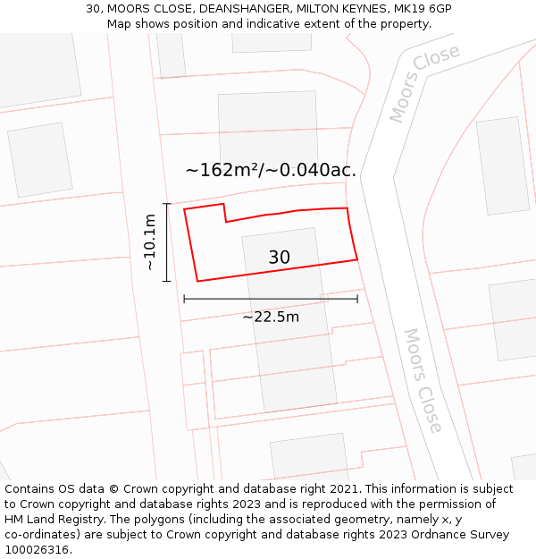 30, MOORS CLOSE, DEANSHANGER, MILTON KEYNES, MK19 6GP: Plot and title map