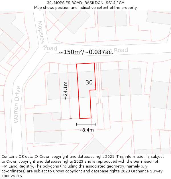 30, MOPSIES ROAD, BASILDON, SS14 1GA: Plot and title map