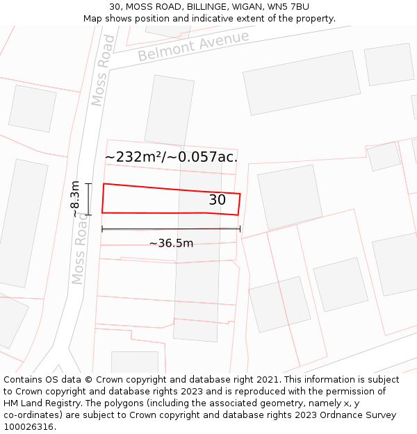 30, MOSS ROAD, BILLINGE, WIGAN, WN5 7BU: Plot and title map
