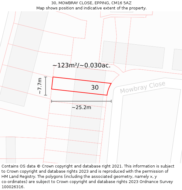 30, MOWBRAY CLOSE, EPPING, CM16 5AZ: Plot and title map