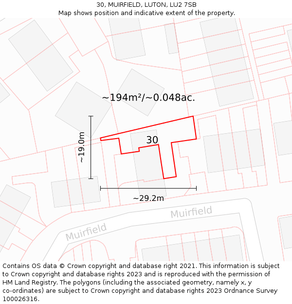 30, MUIRFIELD, LUTON, LU2 7SB: Plot and title map