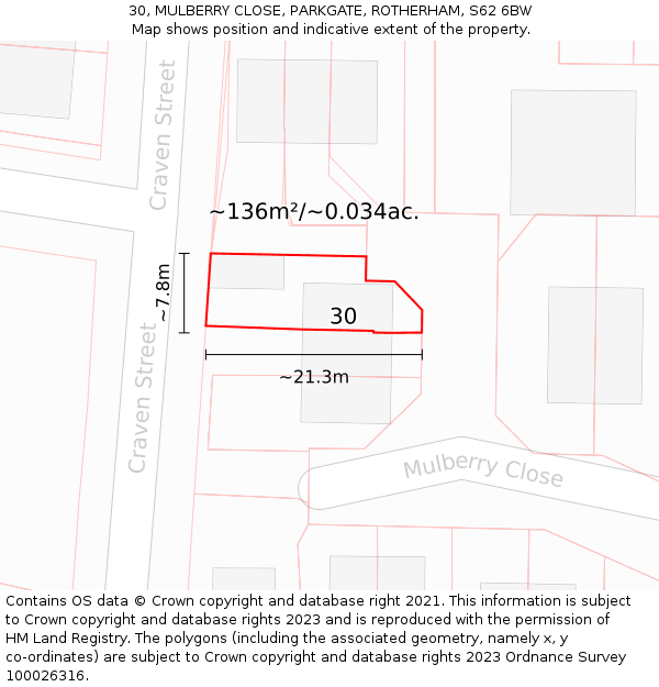 30, MULBERRY CLOSE, PARKGATE, ROTHERHAM, S62 6BW: Plot and title map