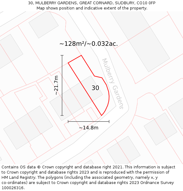 30, MULBERRY GARDENS, GREAT CORNARD, SUDBURY, CO10 0FP: Plot and title map