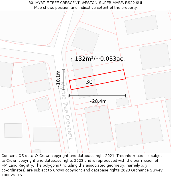 30, MYRTLE TREE CRESCENT, WESTON-SUPER-MARE, BS22 9UL: Plot and title map