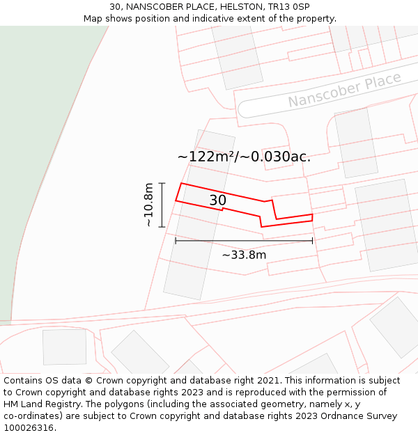 30, NANSCOBER PLACE, HELSTON, TR13 0SP: Plot and title map