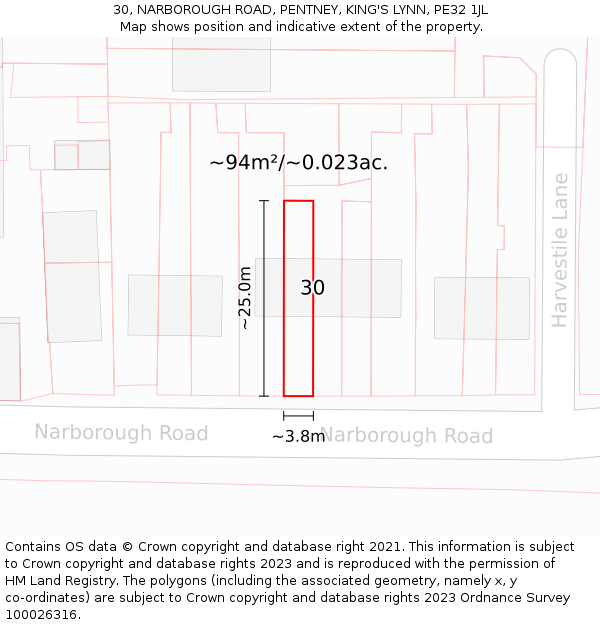 30, NARBOROUGH ROAD, PENTNEY, KING'S LYNN, PE32 1JL: Plot and title map
