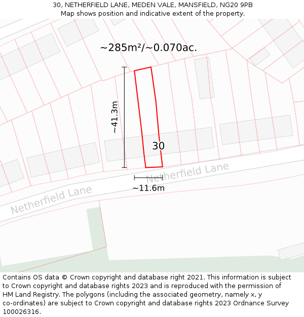 30, NETHERFIELD LANE, MEDEN VALE, MANSFIELD, NG20 9PB: Plot and title map