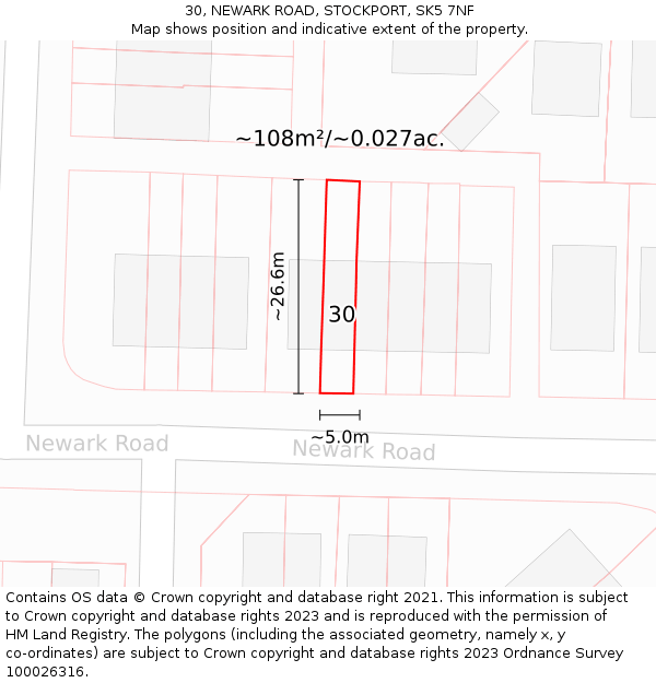 30, NEWARK ROAD, STOCKPORT, SK5 7NF: Plot and title map