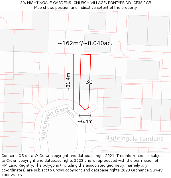 30, NIGHTINGALE GARDENS, CHURCH VILLAGE, PONTYPRIDD, CF38 1GB: Plot and title map
