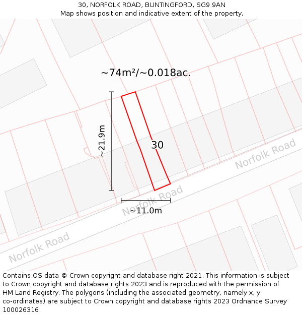 30, NORFOLK ROAD, BUNTINGFORD, SG9 9AN: Plot and title map