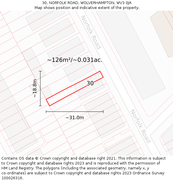 30, NORFOLK ROAD, WOLVERHAMPTON, WV3 0JA: Plot and title map